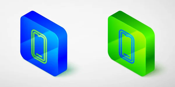 Izometrikus vonal Okostelefon, mobiltelefon ikon elszigetelt szürke háttér. Kék és zöld négyzet gomb. Vektor — Stock Vector
