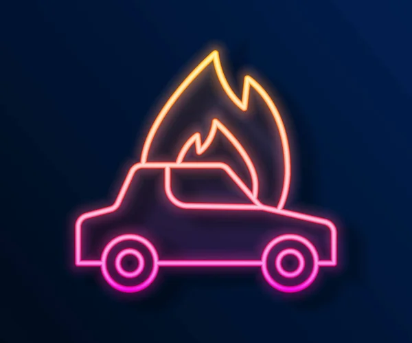 Linea al neon incandescente Icona dell'auto in fiamme isolata su sfondo nero. Auto in fiamme. Auto rotta coperta di fuoco e fumo. Vettore — Vettoriale Stock