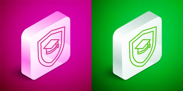 Isometric line Graduation cap with shield icon isolated on pink and green background. Insurance concept. Security, safety, protection, protect concept. Silver square button. Vector — ストックベクタ