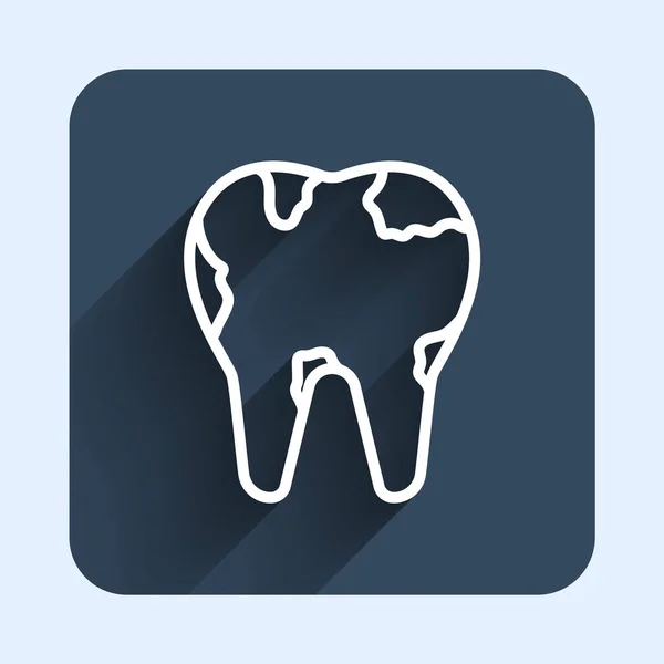 Biała linia Złamana ikona zęba odizolowana długim tle cienia. Ikona problemów dentystycznych. Symbol opieki dentystycznej. Niebieski kwadrat. Wektor — Wektor stockowy