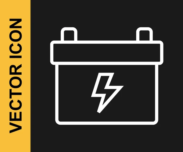 Weiße Linie Autobatterie-Symbol isoliert auf schwarzem Hintergrund. Akkubatterie Energie und Akkubatterie Strom. Vektor — Stockvektor