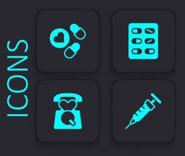 Şırıngayı, ilaç hapını ya da tableti hazırlayın. İlaçlar su topladı ve 911 'i arayın. Siyah kare düğme. Vektör