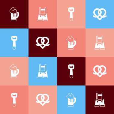 Pop Art Glass of Beer, Lederhosen, şişe açacağı ve simge koy. Vektör