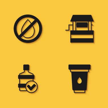 Su damlasını yasaklayın, filtre kartuşu, temiz suyla dolu büyük şişe ve uzun gölgeli kuyu simgesi. Vektör