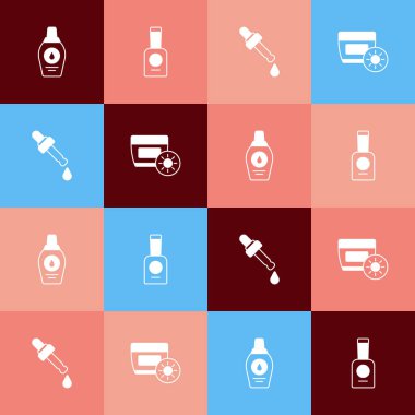 Şampuan şişesi, oje, yağ ve güneş kremini tüp ikonuna koy. Vektör