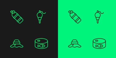 Konserve balık, Balıkçı şapkası, Aqualung ve Balıkçılık ikonu. Vektör