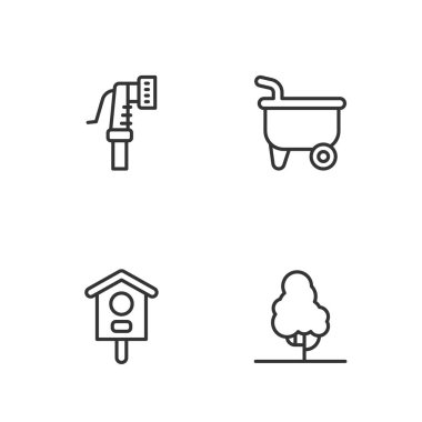 Meyve ağacı, kuş evi, bahçe hortumu ve el arabası ikonu. Vektör