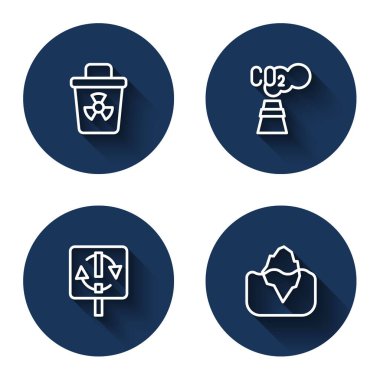Hattı, bulaşıcı atıkları, karbondioksit emisyonlarını, geri dönüşüm sembolünü ve uzun gölgeli buzdağını ayarla. Mavi daire düğmesi. Vektör