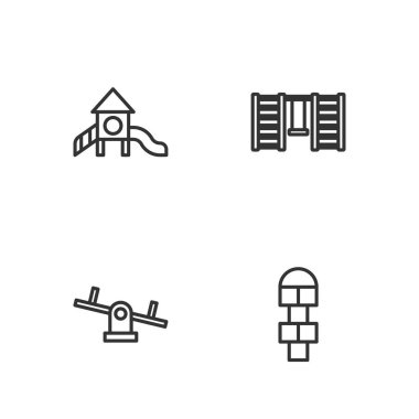 Hopscotch, Seesaw, Slide çocuk parkı ve İsveç duvar ikonu. Vektör