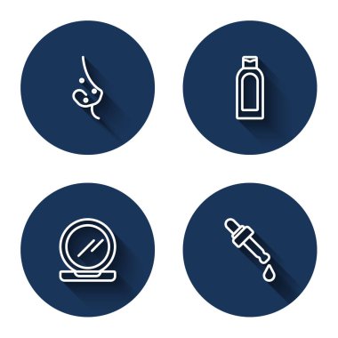 Sivilce, şampuan şişesi aynalı makyaj tozu ve uzun gölgeli Pipette yağı. Mavi daire düğmesi. Vektör