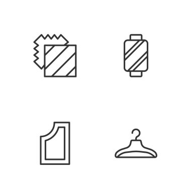 Hat askısı gardırobu, dikiş deseni, katman giyim tekstili ve ipliği makara simgesine yerleştir. Vektör