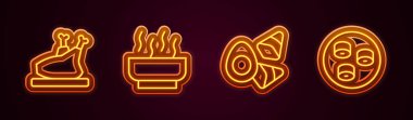 Kızarmış hindi ya da tavuk, Ramen çorbası, sebzeli tavuk yumurtası ve suşi. Parlayan neon ikonu. Vektör