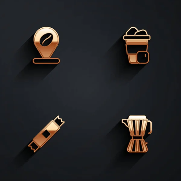 Set Location with coffee bean, Iced, Sugar stick packets and Coffee maker moca pot icon with long shadow. Vector — Stockvektor