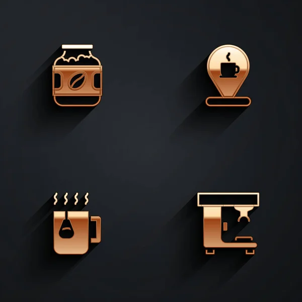 Set Koffiepot fles, Locatie met koffiebeker, Cup theezakje en machine icoon met lange schaduw. Vector — Stockvector