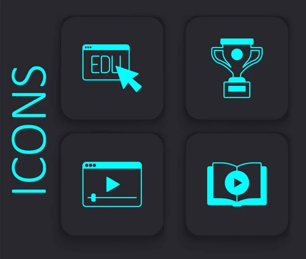 Set Audio book, Online education, Award cup and play video icon. Black square button. Vector — Vetor de Stock