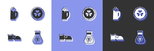 Set Money bag with clover, Glass of beer, Leprechaun boot and Golden leprechaun coin icon. Vector — Vetor de Stock