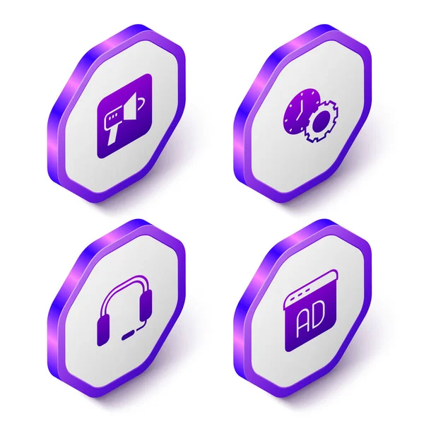 Set Isometric Megaphone, Time management, Headphones and Advertising icon. Purple hexagon button. Vector — Stock Vector