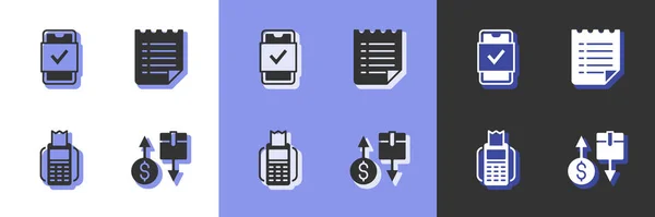Définir boîte de carton d'impôt, achats mobiles, terminal POS et icône de modèle de liste de souhaits. Vecteur — Image vectorielle