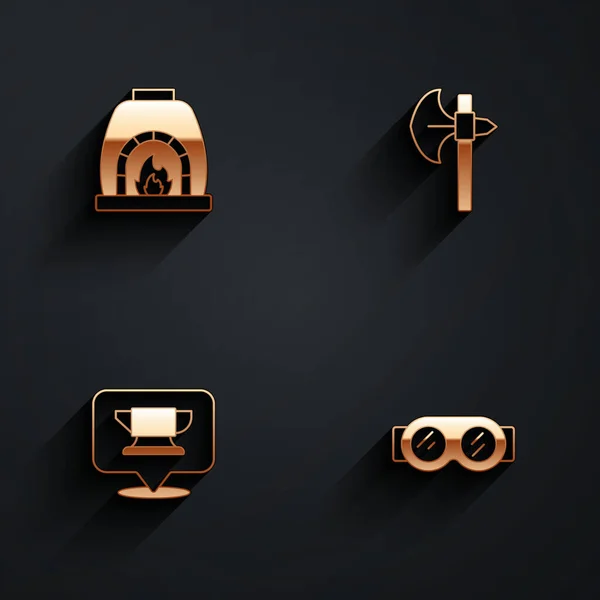 Set Blacksmith oven, Medieval axe, anvil tool and Welding glasses icon with long shadow. Vector — Stock Vector