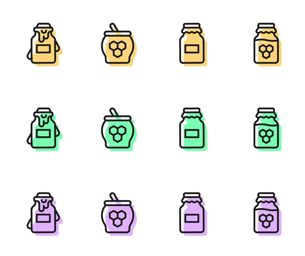 Set line Jar of honey, and dipper stick and icon. Vector — ストックベクタ