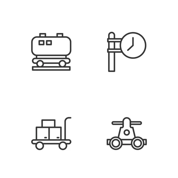 Set line Handcar transportation, Trolley suitcase, Oil railway cistern and Train station clock icon. Vector — 스톡 벡터
