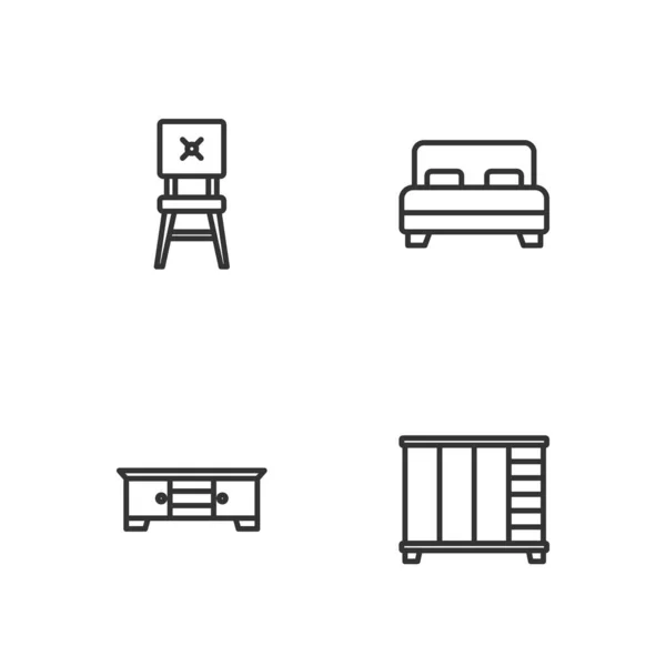 Ställ in linje garderob, TV-bord stativ, stol och stor säng ikon. Vektor — Stock vektor