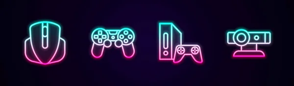 Set line Computer mouse, Game controller or joystick, console with and Web camera. Glowing neon icon. Vector — Stock Vector