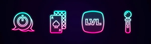 Set line Power button, Playing cards, Level game and VR controller. Glowing neon icon. Vector — стоковый вектор