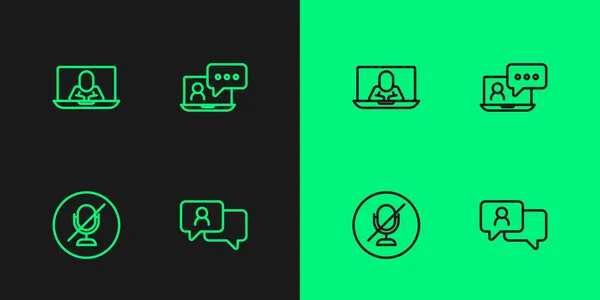 Set line Speech bubble chat, Mute microphone, Video conference and icon. Vector — Image vectorielle