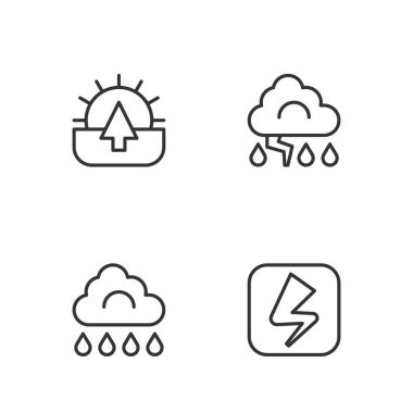 Şimşek çizgisi, yağmur, güneş doğumu ve yıldırım simgesi olan bulut. Vektör