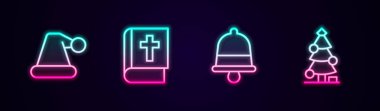 Noel Baba şapkası, kutsal İncil kitabı, zil ve ağaç. Parlayan neon ikonu. Vektör