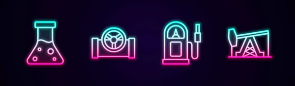 Set line Oil petrol test tube, pipe with valve, Petrol or gas station and pump pump jack. Glowing neon icon. Vector — ストックベクタ