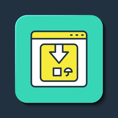 Çevrimiçi uygulama dağıtım ikonu mavi arkaplanda izole edildi. Paket takibi. Turkuaz kare düğme. Vektör.