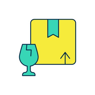 Beyaz arkaplanda izole edilmiş kırık cam ikonun kırılgan içerik sembolüyle dolu ana hatlı teslimat kutusu. Kutu, paket, paket işareti. Vektör.