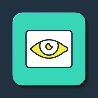 Doldurulmuş kırmızı göz efekti simgesi mavi arkaplanda izole edildi. Göz kızarıklığı. Göz iltihabı. Turkuaz kare düğme. Vektör.