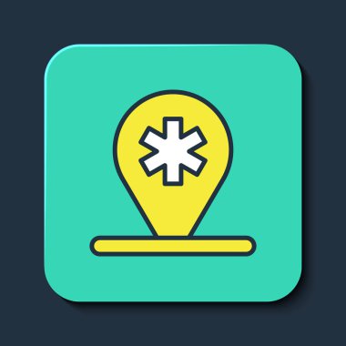 Tıbbî harita işaretçisi ile doldurulmuş mavi arka planda izole edilmiş çapraz hastane ikonu. Turkuaz kare düğme. Vektör.