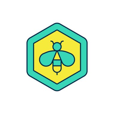 Arı ve bal peteği simgesi beyaz arkaplanda izole edildi. Bal hücreleri. Bal arısı ya da kanat sembollü apis. Uçan böcek. Tatlı doğal yemek. Vektör.