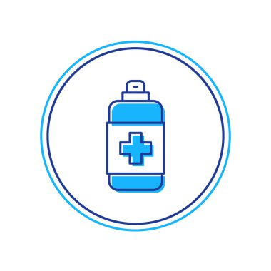 Beyaz arka planda izole edilmiş sıvı antibakteriyel sabun ve şeker ikonu ana hatlarıyla doldurulmuş. Antiseptik. Dezenfeksiyon, hijyen, cilt bakımı. Vektör.