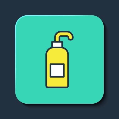 Mavi arkaplanda izole edilmiş şeker ikonu içeren sıvı antibakteriyel sabun ana hatlarıyla dolu. Antiseptik. Dezenfeksiyon, hijyen, cilt bakımı. Turkuaz kare düğme. Vektör.
