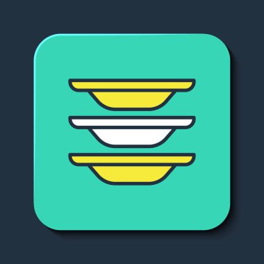 Doldurulmuş bulaşık ikonu mavi arka planda izole edilmiş. Bulaşık yıkama ikonu. Bulaşık makinesi tabelası. Masa takımı tabelası temiz. Turkuaz kare düğme. Vektör.