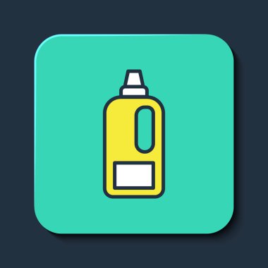Çamaşır deterjanı, çamaşır suyu, bulaşık suyu ya da mavi arka planda izole edilmiş başka bir temizlik malzemesi ikonu için plastik şişe doldurulmuş. Turkuaz kare düğme. Vektör.