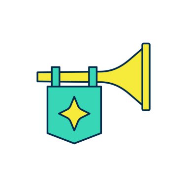 Beyaz arkaplanda izole edilmiş bayrak simgesiyle ana hatlarıyla doldurulmuş Trompet. Müzik aleti trompeti. Vektör.