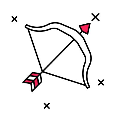 Beyaz arka planda izole edilmiş orta çağ yay ve ok simgesi. Ortaçağ silahı. Vektör.