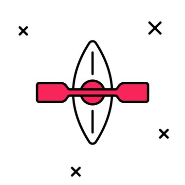 Ana hatlarıyla doldurulmuş kano ve kürek simgesi beyaz arkaplanda izole edildi. Balıkçılık ve turizm için kano. Açık hava aktiviteleri. Vektör.