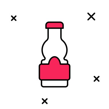 Beyaz arka planda izole edilmiş ana hatlı sos şişesi ikonu. Ketçap, hardal ve fast food için soslu mayonez şişeleri. Vektör.