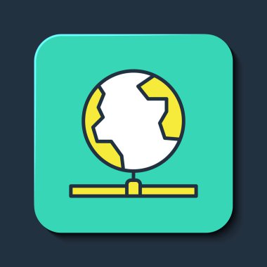 Küresel teknoloji ya da sosyal ağ simgesi mavi arka planda izole edildi. Turkuaz kare düğme. Vektör.