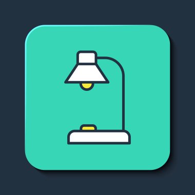 Doldurulmuş Tablo lambası simgesi mavi arkaplanda izole edildi. Turkuaz kare düğme. Vektör.