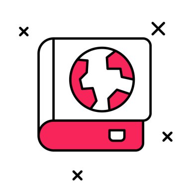 Beyaz arka planda izole edilmiş Dünya 'nın ana hatları ve kitap ikonu. Dünya ya da Dünya işareti. Küresel internet sembolü. Geometrik şekiller. Vektör.