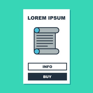 Doldurulmuş KHK, kağıt, parşömen, kaydırma simgesi turkuaz arka planda izole edilmiş. Vektör.