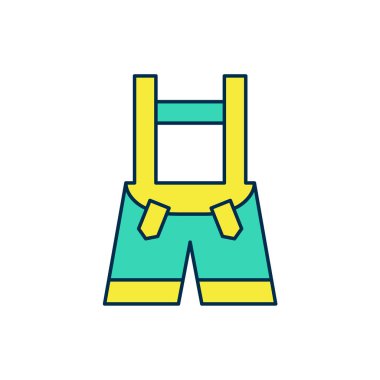 Doldurulmuş Lederhosen simgesi beyaz arkaplanda izole edildi. Geleneksel Bavyera kıyafetleri. Oktoberfest kıyafeti. Pantolon ve pantolon askısı. Patrick günü. Vektör.